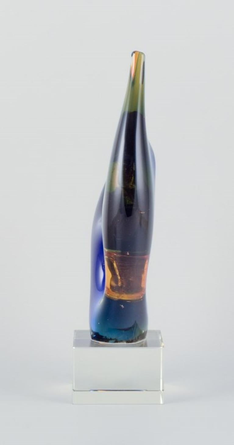 Late 20th Century Murano, Italy. Art glass sculpture in blue and orange glass. For Sale