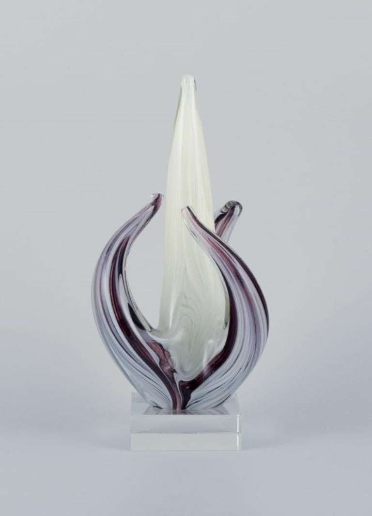 Mid-Century Modern Murano, Italy. Art glass sculpture in purple and white glass on clear glass base For Sale