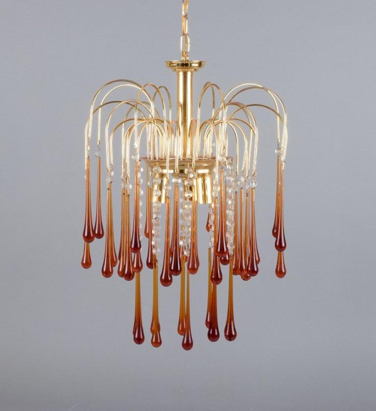 Italian Murano, Italy. Ceiling lamp in amber mouth-blown art glass, brass frame.  For Sale