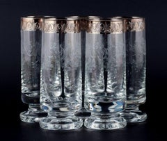 Murano, Italy, Five Mouth-Blown and Engraved Drinking Glasses with Silver Rim