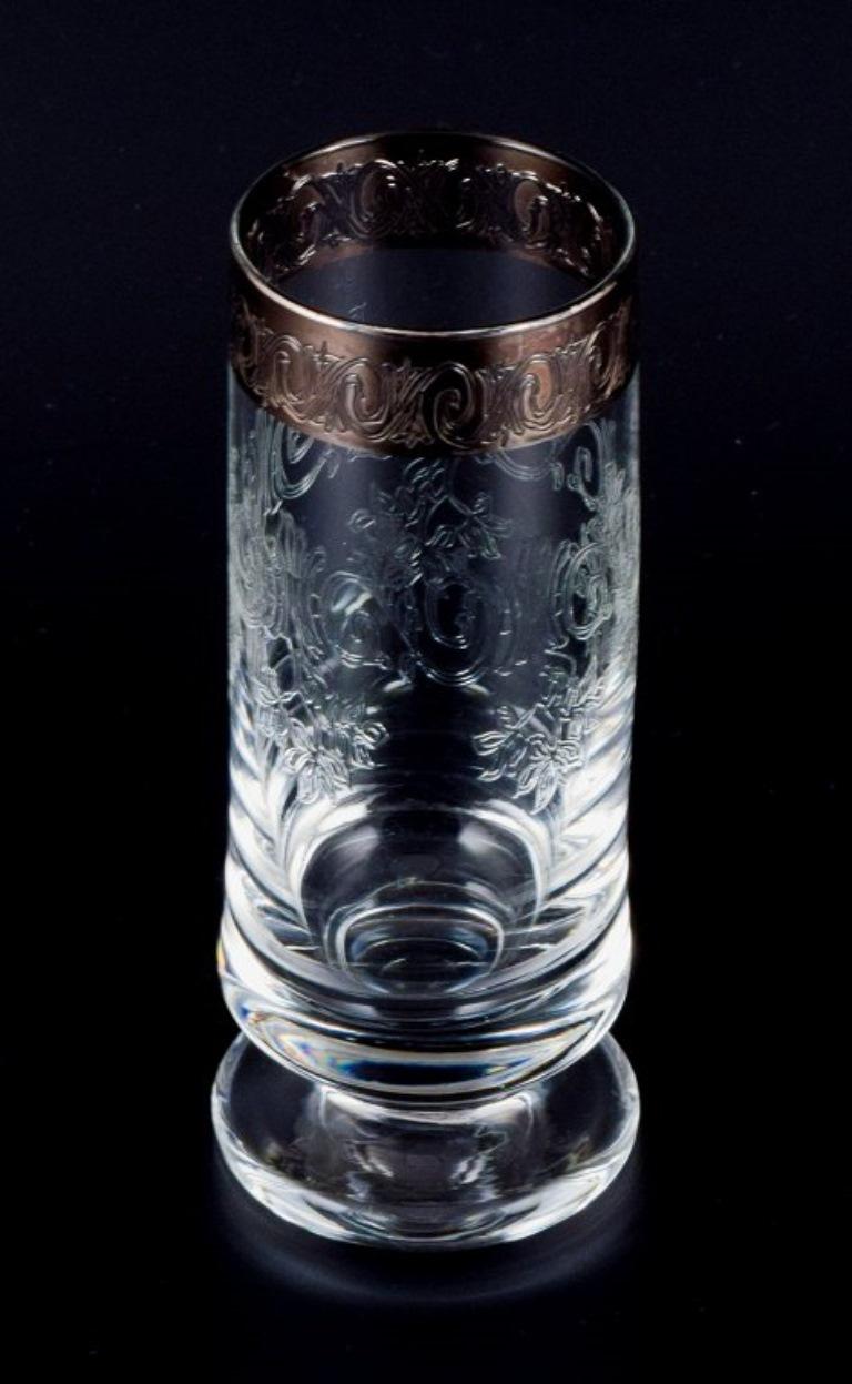 Italian Murano, Italy, Five Mouth-Blown and Engraved Drinking Glasses with Silver Rim For Sale