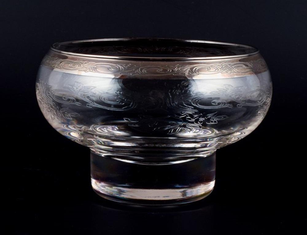 Italian Murano, Italy, Four Mouth-Blown and Engraved Glass Fingerbowls with Silver Rim For Sale