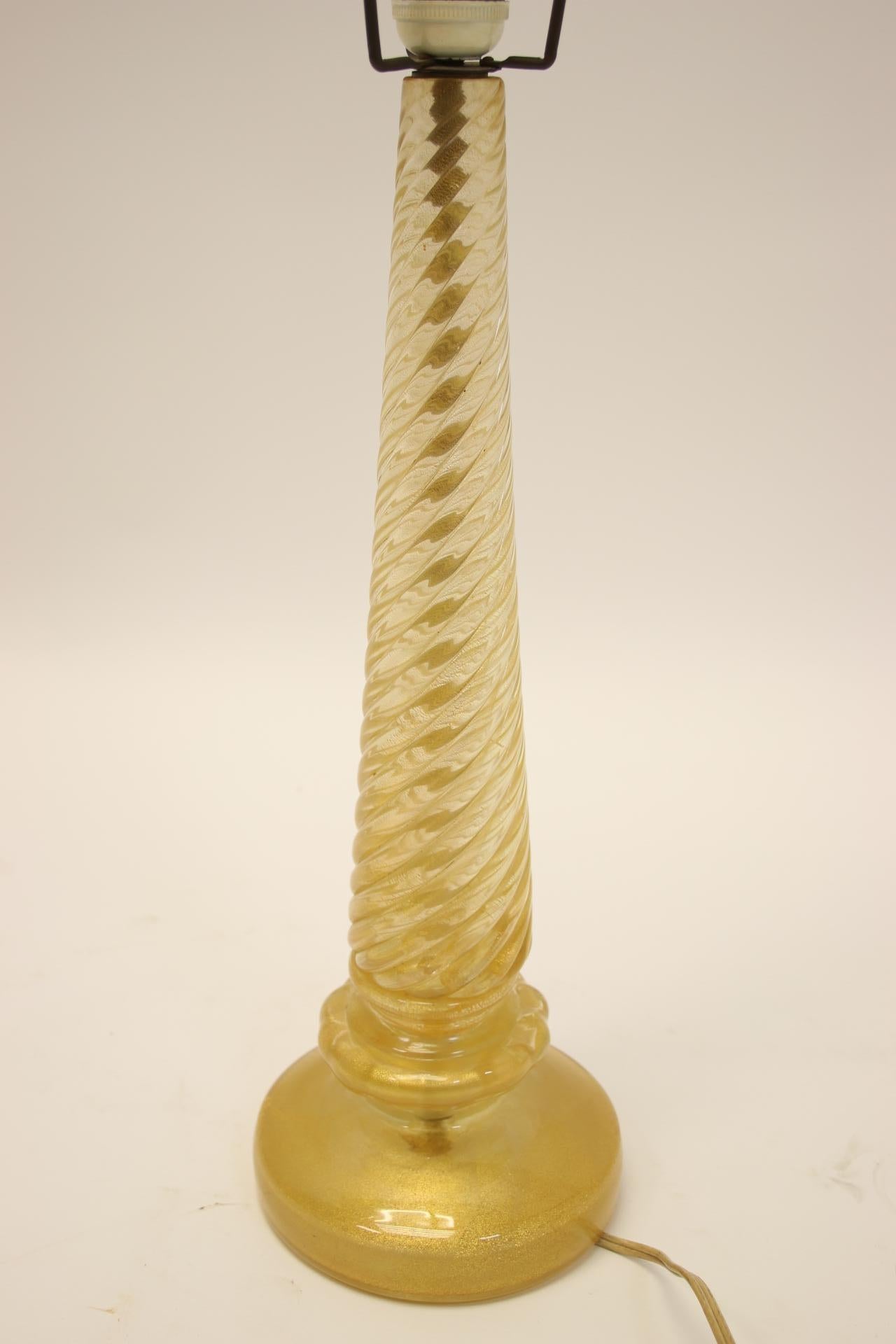 Blown Glass Murano Italy Golden Twisted Lamp For Sale