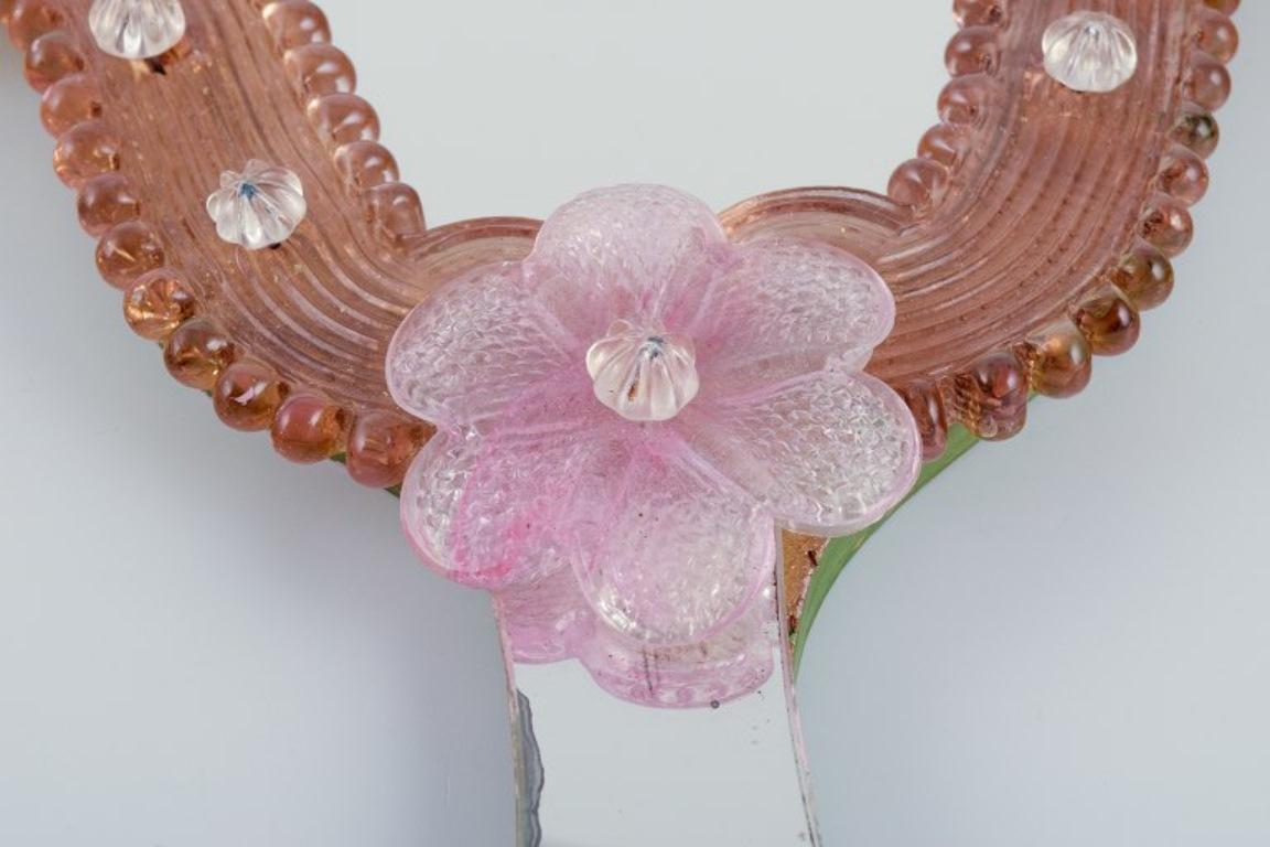 Late 20th Century Murano, Italy. Hand mirror in art glass decorated with pink flowers.  For Sale
