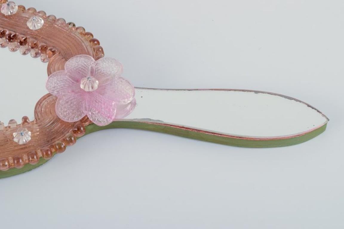 Murano, Italy. Hand mirror in art glass decorated with pink flowers.  For Sale 1