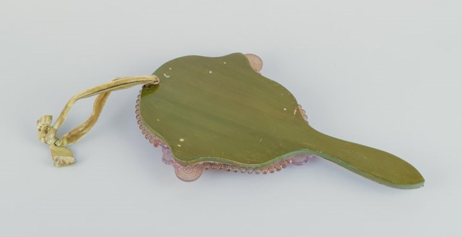 Murano, Italy. Hand mirror in art glass decorated with pink flowers.  For Sale 3