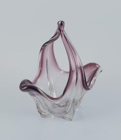 Murano, Italy. Large basket in art glass. Clear and violet glass.