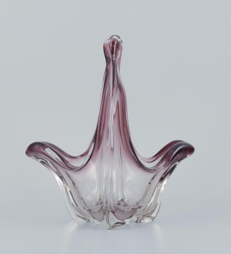 Italian Murano, Italy. Large basket in art glass. Clear and violet glass.  For Sale