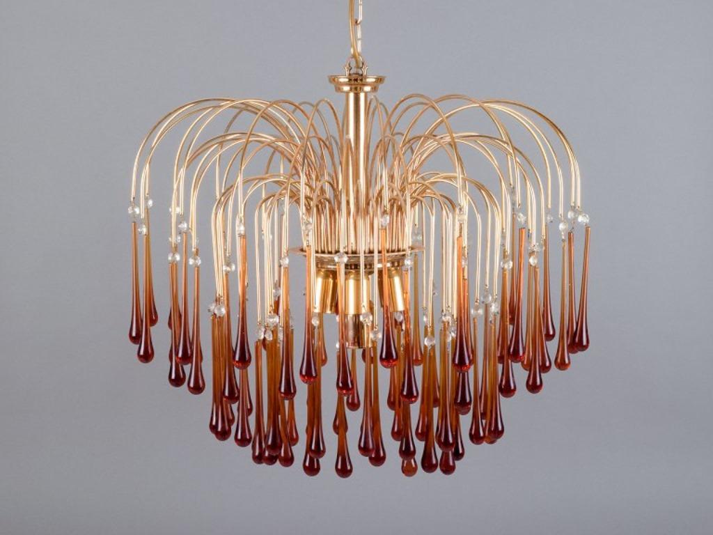 Italian Murano, Italy. Large ceiling lamp in amber art glass, with brass frame. For Sale