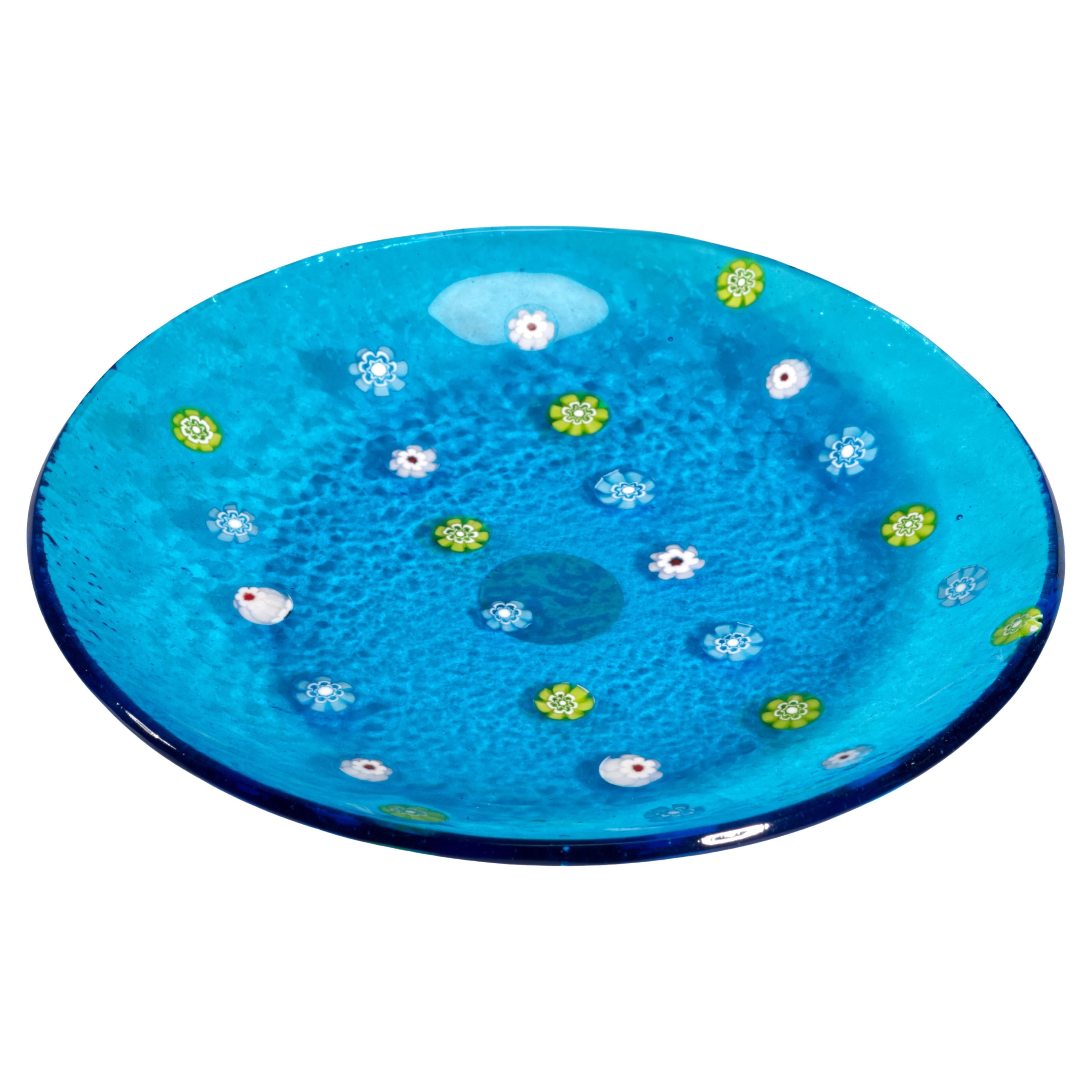 Plateau ou bol rond en verre bleu Millefiori de Murano signé