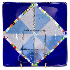 Bandeja o cuenco cuadrado de cristal azul Millefiori de Murano Italia
