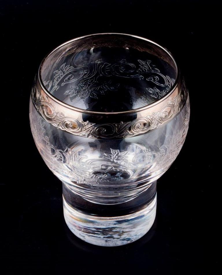 Murano, Italy, Six Mouth-Blown and Engraved Beer Glasses with Silver Rim In Excellent Condition In Copenhagen, DK