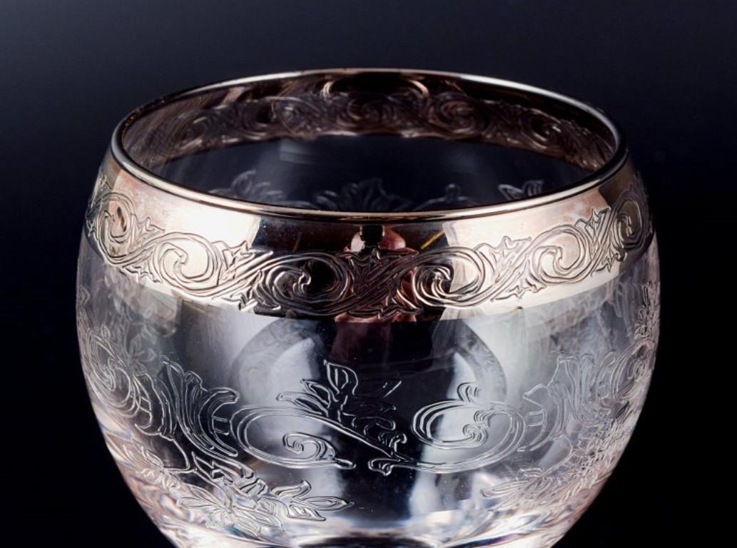 20th Century Murano, Italy, Six Mouth-Blown and Engraved Beer Glasses with Silver Rim