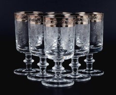 Murano, Italy, Six Mouth-Blown and Engraved Dessert Wine Glasses with Silver Rim