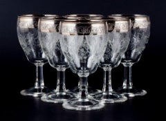 Murano, Italy, Six Mouth-Blown and Engraved Port Wine Glasses with Silver Rim