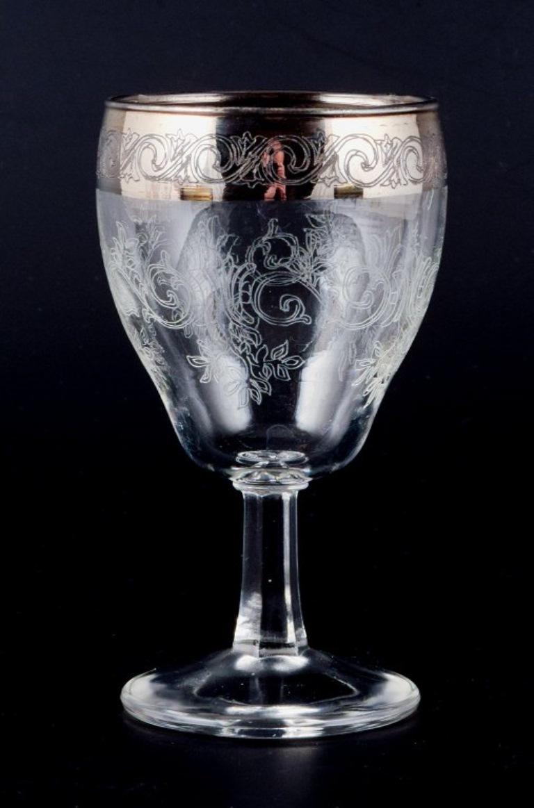 Italian Murano, Italy, Six Mouth-Blown and Engraved Port Wine Glasses with Silver Rim For Sale