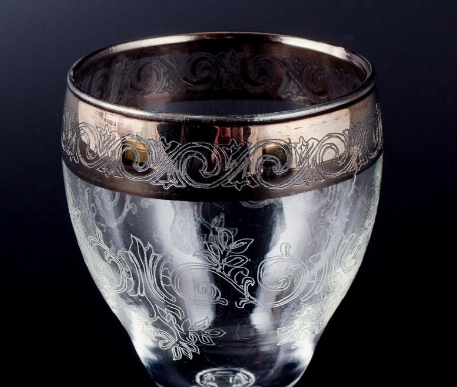 20th Century Murano, Italy, Six Mouth-Blown and Engraved Port Wine Glasses with Silver Rim For Sale
