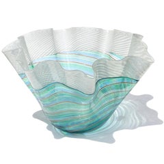 Murano IVR Mazzega White Blue Green Ribbons Italian Art Glass Fazzoletto Vase