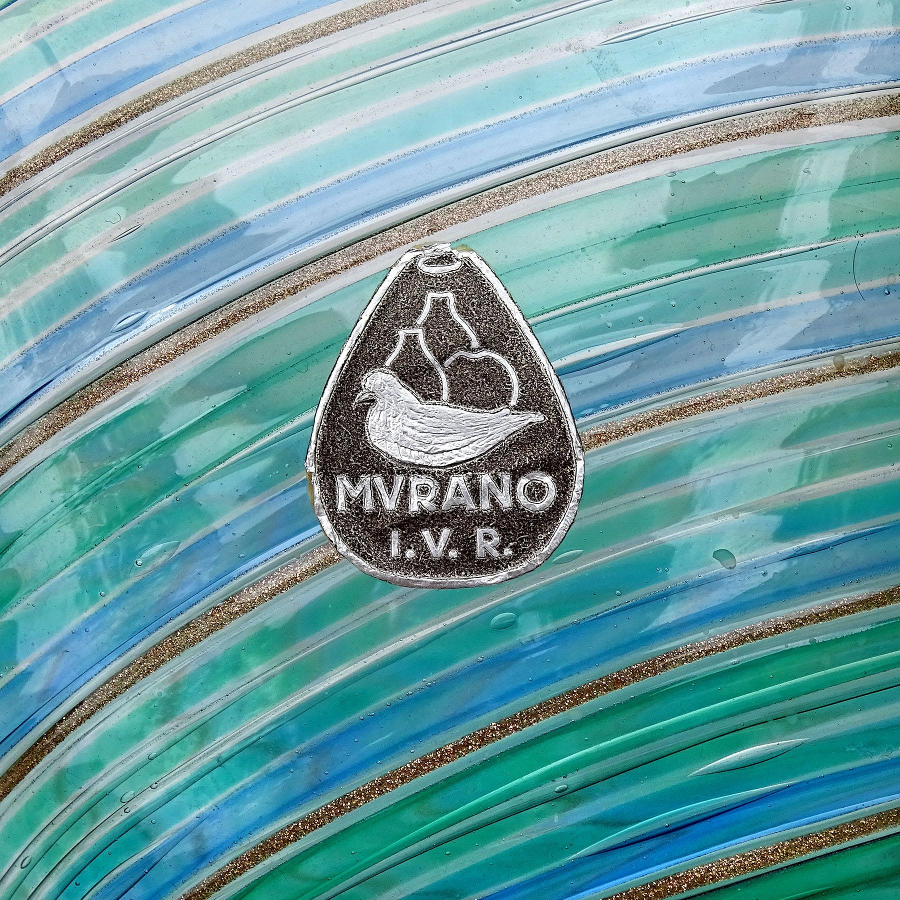 Murano IVR Mazzega White Blue Green Ribbons Italian Art Glass Fazzoletto Vase For Sale 2