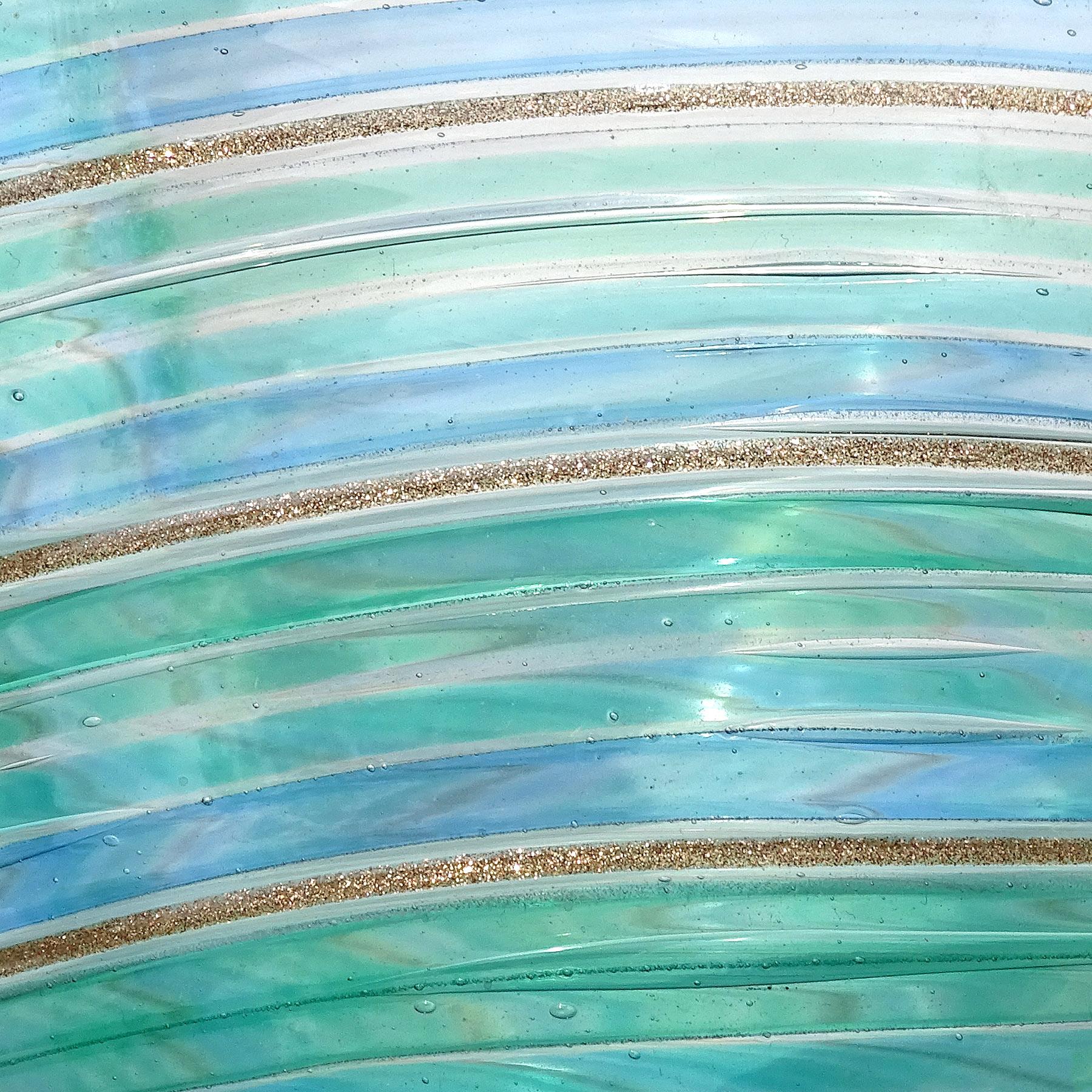 Murano IVR Mazzega White Blue Green Ribbons Italian Art Glass Fazzoletto Vase For Sale 3