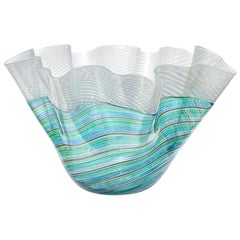 Murano IVR Mazzega White Blue Green Ribbons Italian Art Glass Fazzoletto Vase
