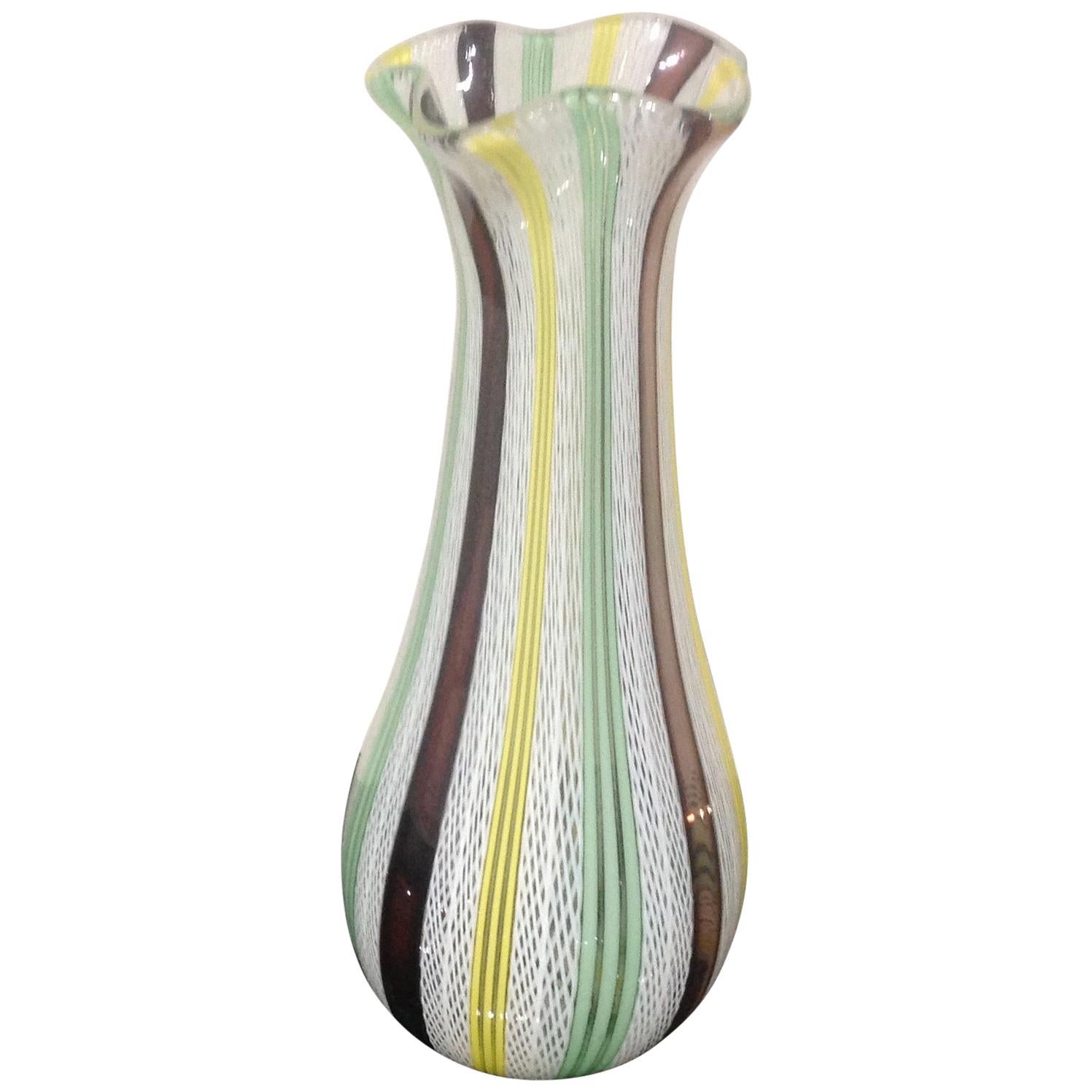 Murano Large Colorful Latticino Glass Vase circa 1950's For Sale