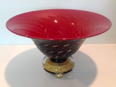 Murano Large Footed Center Piece Bowl in Red Black and Gold Artist Signed