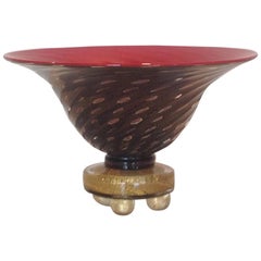 Murano Large Footed Center Piece Bowl in Red Black and Gold Artist Signed
