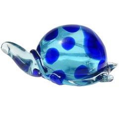 Murano Gran Escultura de Figura de Tortuga de Vidrio Artístico Italiano con Manchas Azules Claro y Oscuro