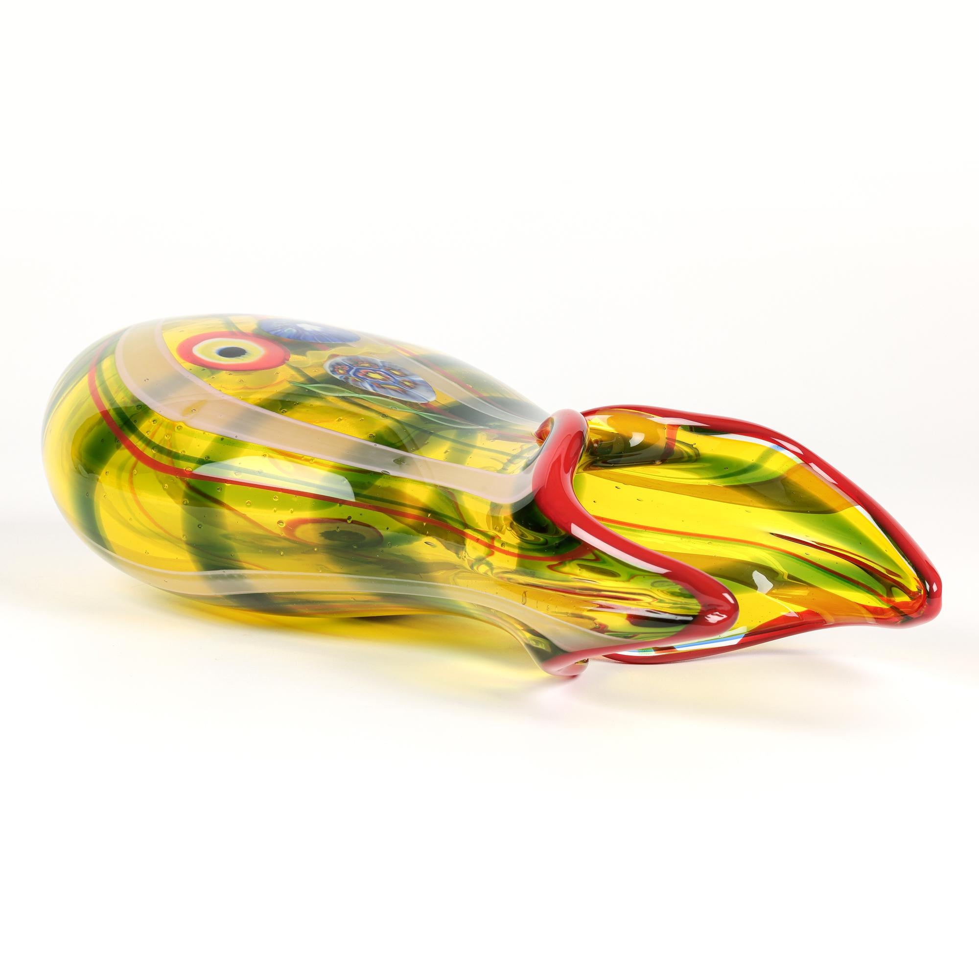 Grand vase en verre d'art jaune de Murano avec murrine et ruban en vente 9