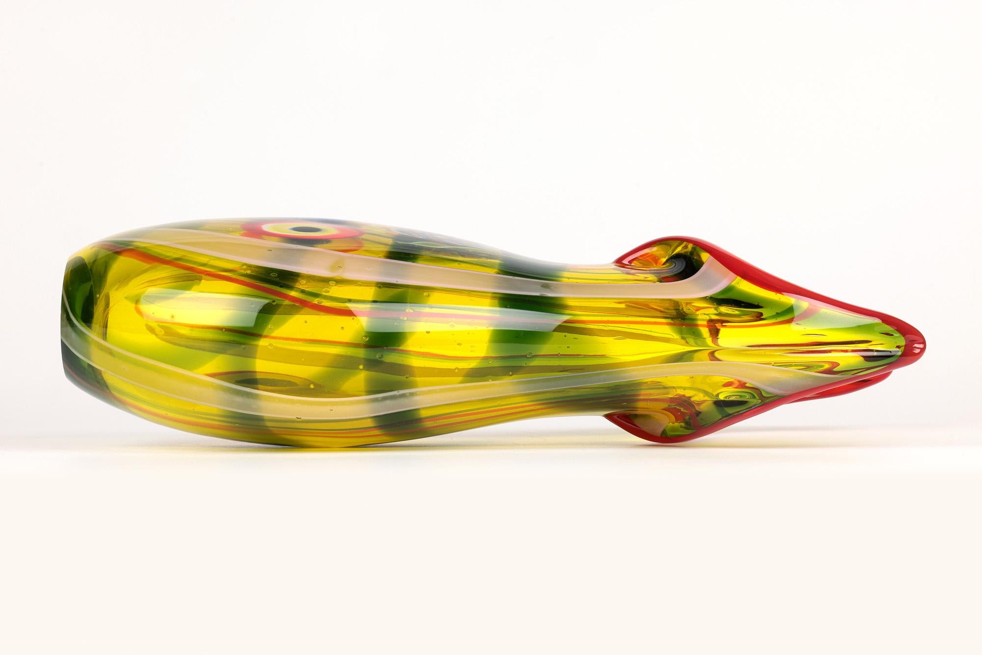 Mid-Century Modern Grand vase en verre d'art jaune de Murano avec murrine et ruban en vente