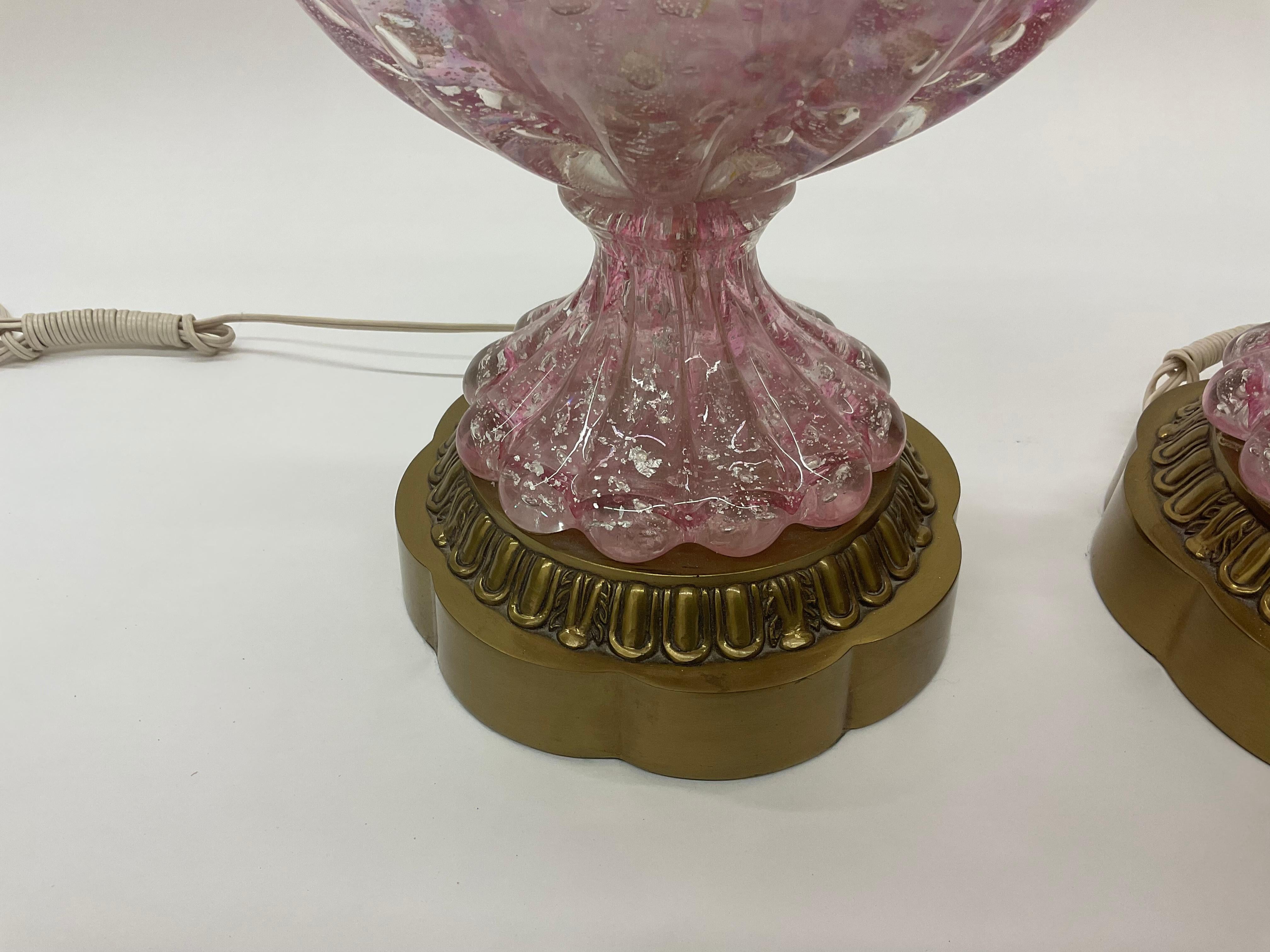 Italian Murano Large Pair Lamps in Pink Blown Irredescent Glass with Silver Foil Avem For Sale