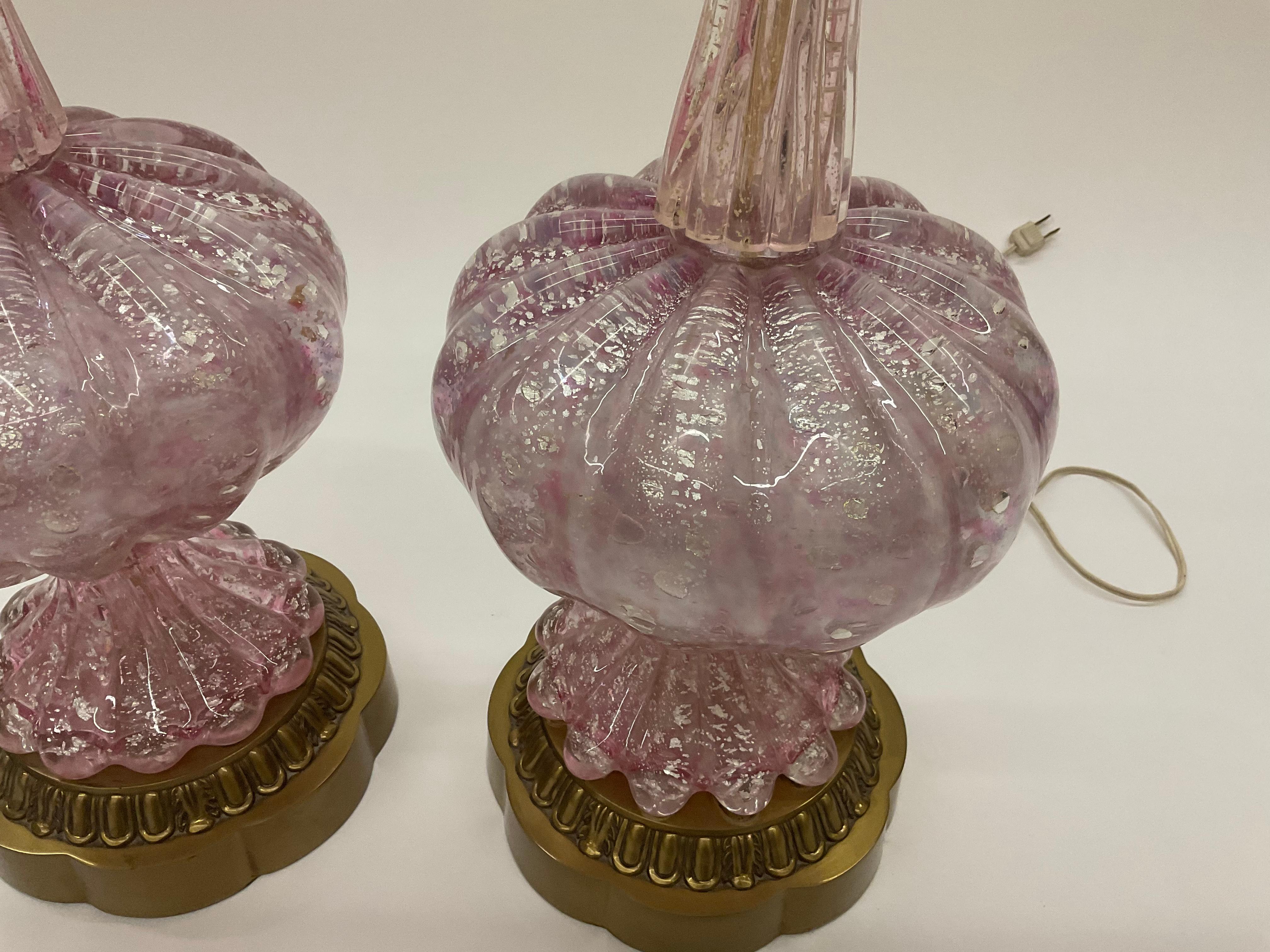 Mid-20th Century Murano Large Pair Lamps in Pink Blown Irredescent Glass with Silver Foil Avem For Sale