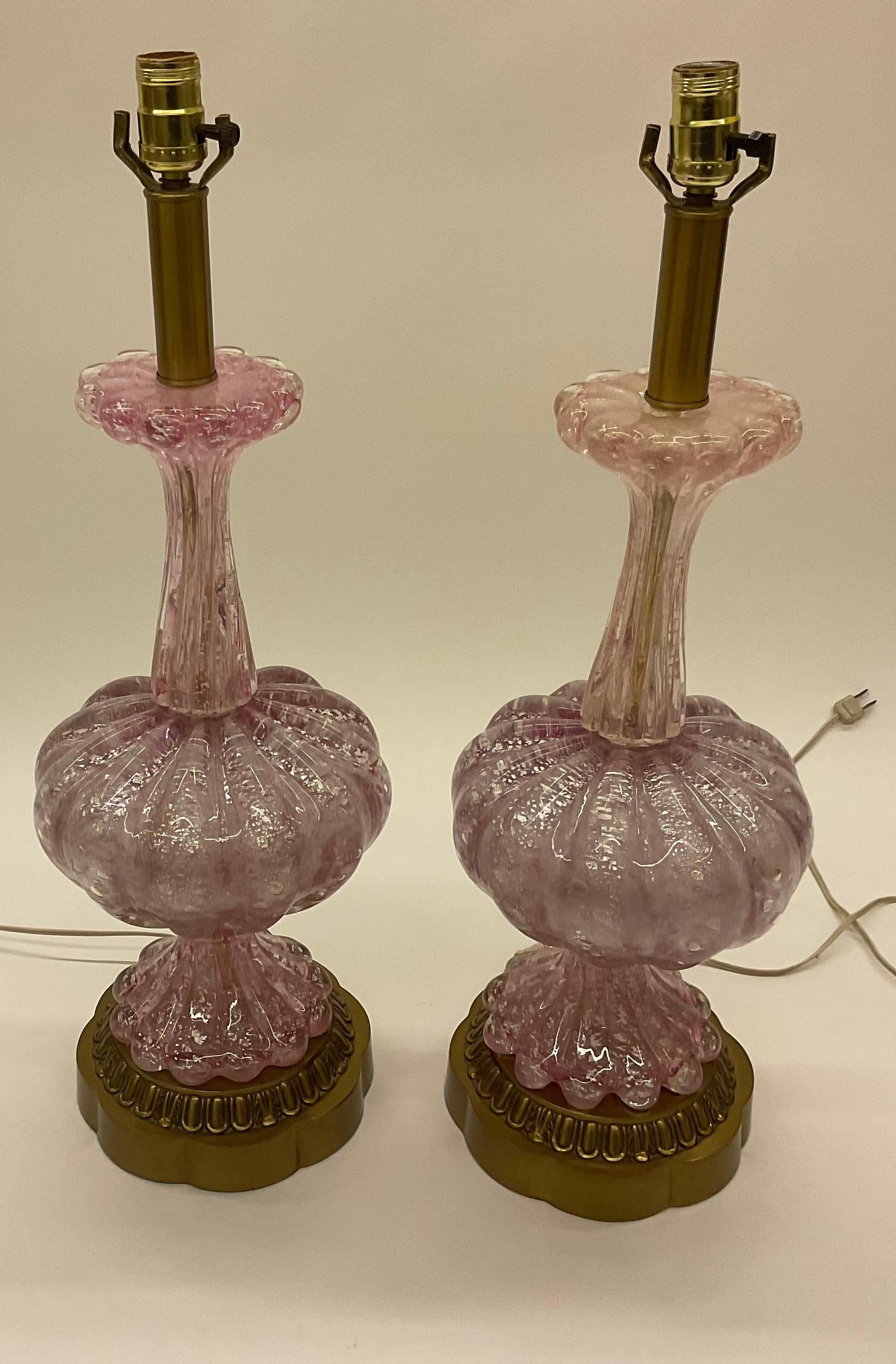 Blown Glass Murano Large Pair Lamps in Pink Blown Irredescent Glass with Silver Foil Avem For Sale
