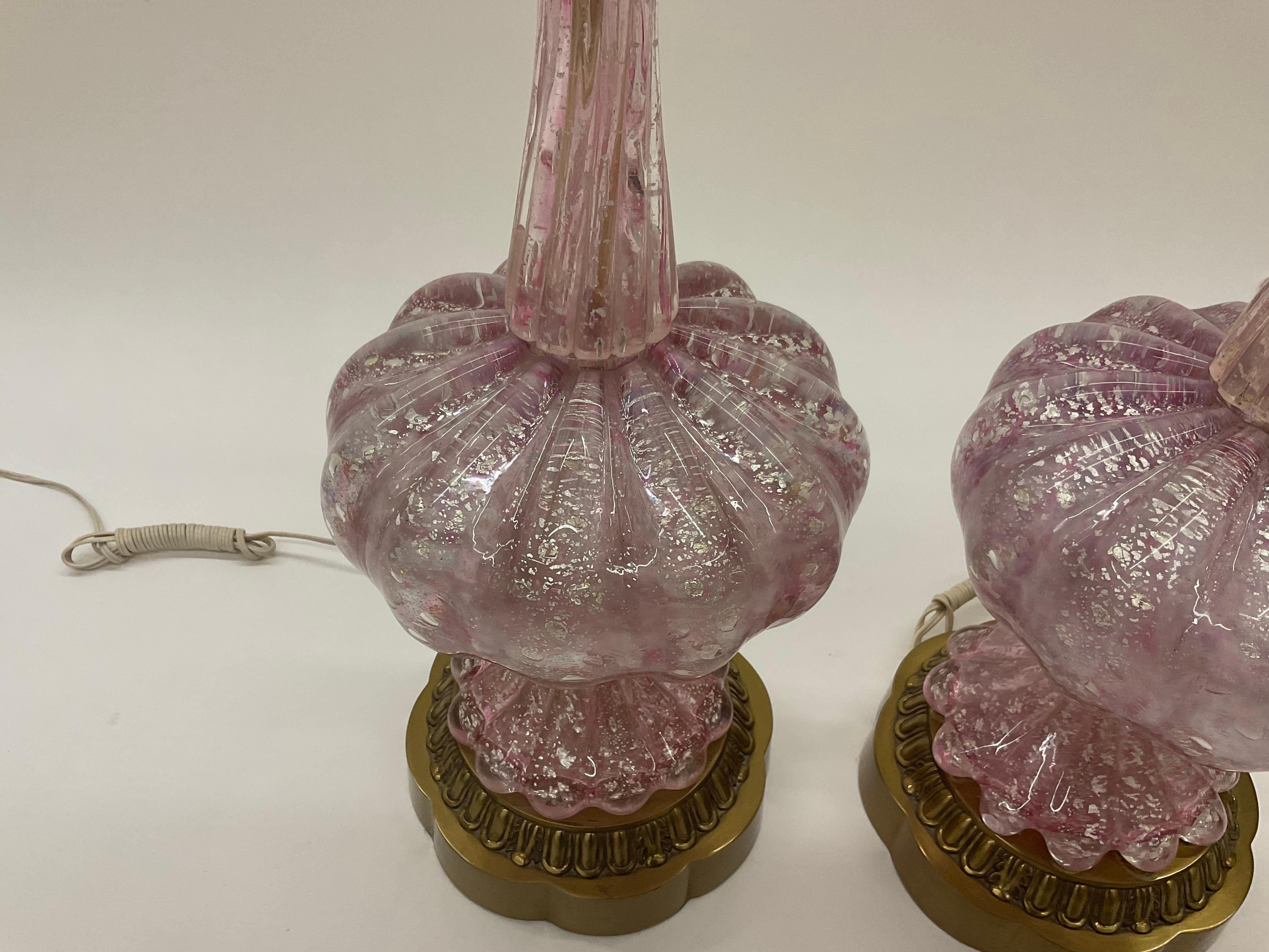 Murano Large Pair Lamps in Pink Blown Irredescent Glass with Silver Foil Avem For Sale 1