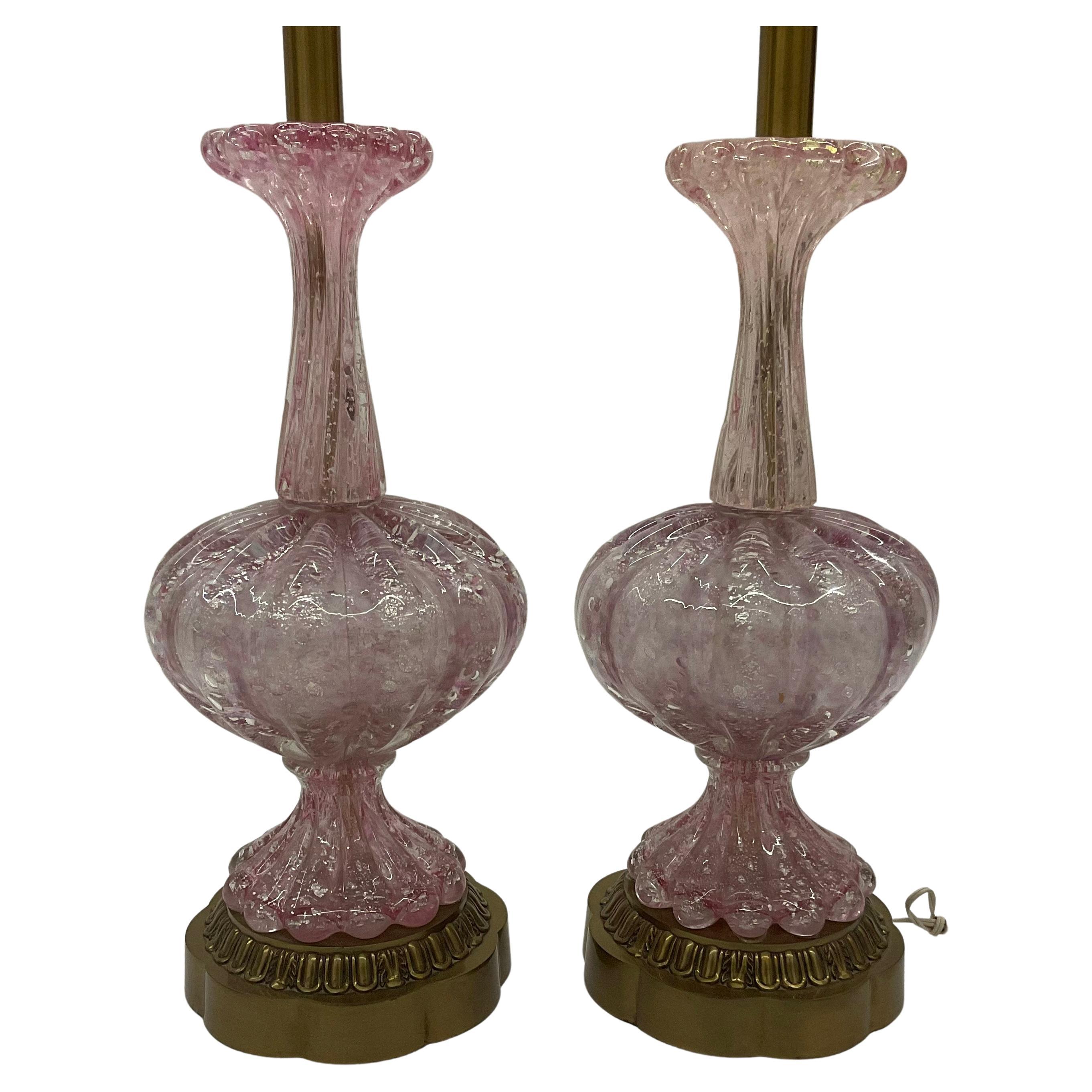 Murano Large Pair Lamps in Pink Blown Irredescent Glass with Silver Foil Avem