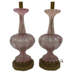 Vintage Murano Large Pair Lamps in Pink Blown Irredescent Glass with Silver Foil Avem