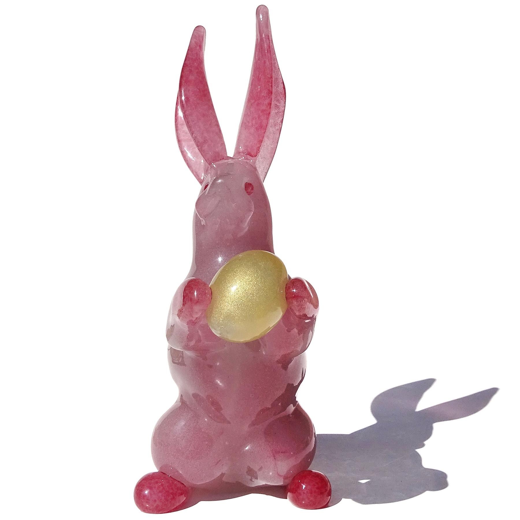 Hand-Crafted Murano Large Pink Bubbles Bunny Rabbit Gold Leaf Egg Italian Art Glass Sculpture For Sale