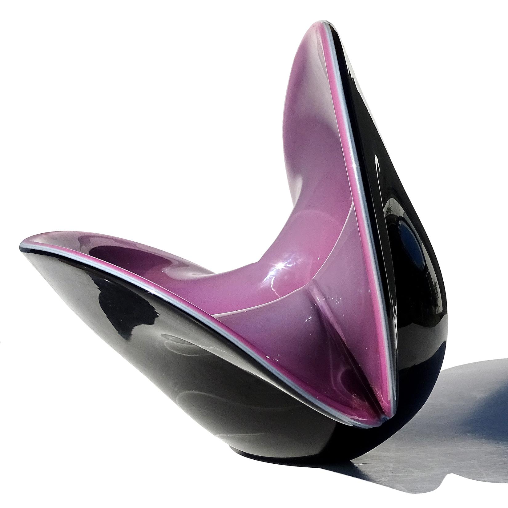 Mid-Century Modern Murano Large Purple Black Italian Art Glass Double Position Clam Seashell Vase For Sale