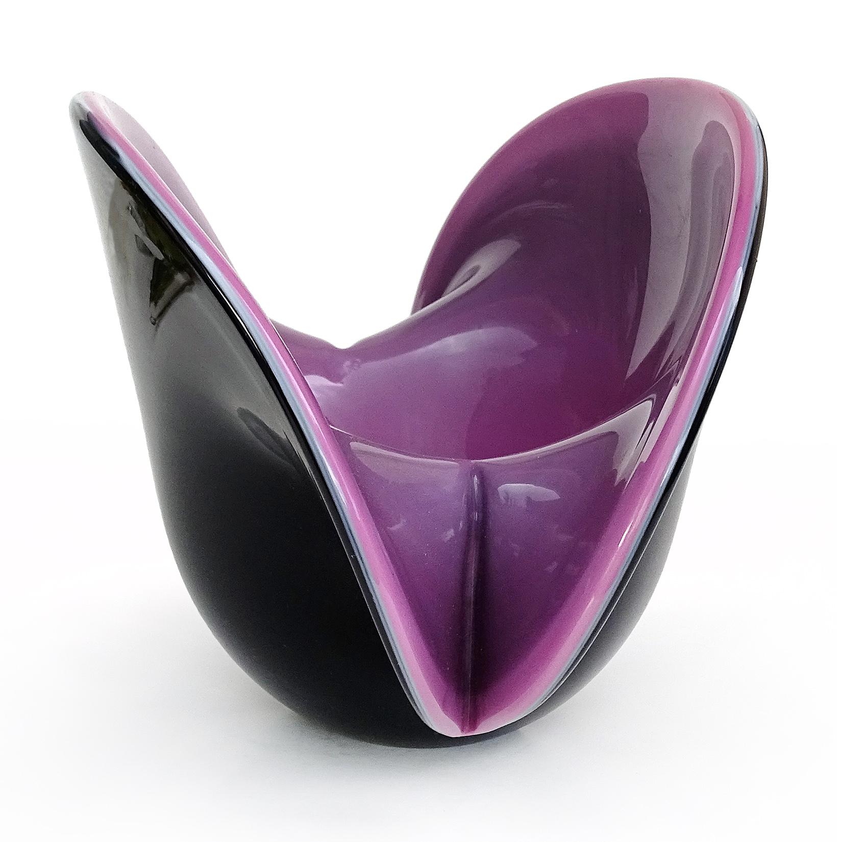 20th Century Murano Large Purple Black Italian Art Glass Double Position Clam Seashell Vase For Sale