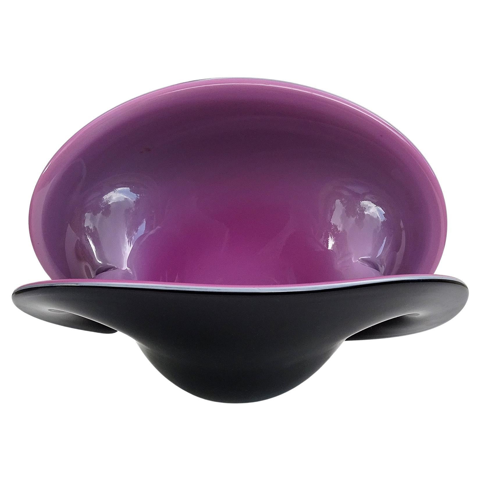 Murano Large Purple Black Italian Art Glass Double Position Clam Seashell Vase For Sale