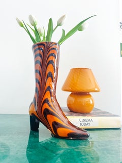 Murano Large Sculptural Orange and Black Art Glass Boot Swirl Vase Italy 1970s