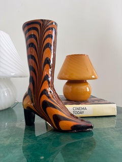 Murano Large Sculptural Orange and Black Art Glass Boot Swirl Vase Italy 1970s