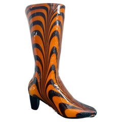 Murano Large Sculptural Orange and Black Art Glass Boot Swirl Vase Italy 1970s