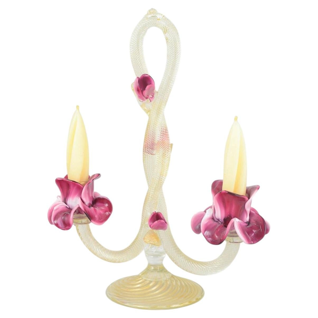 Murano. Large two-light art glass candlestick with floral elements, 1960s