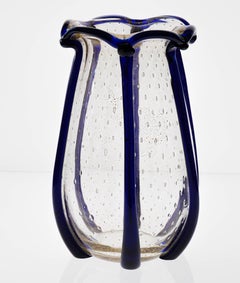 Murano Large Vase with baloton bubbles in gold leaf and Cobalt Blue beads