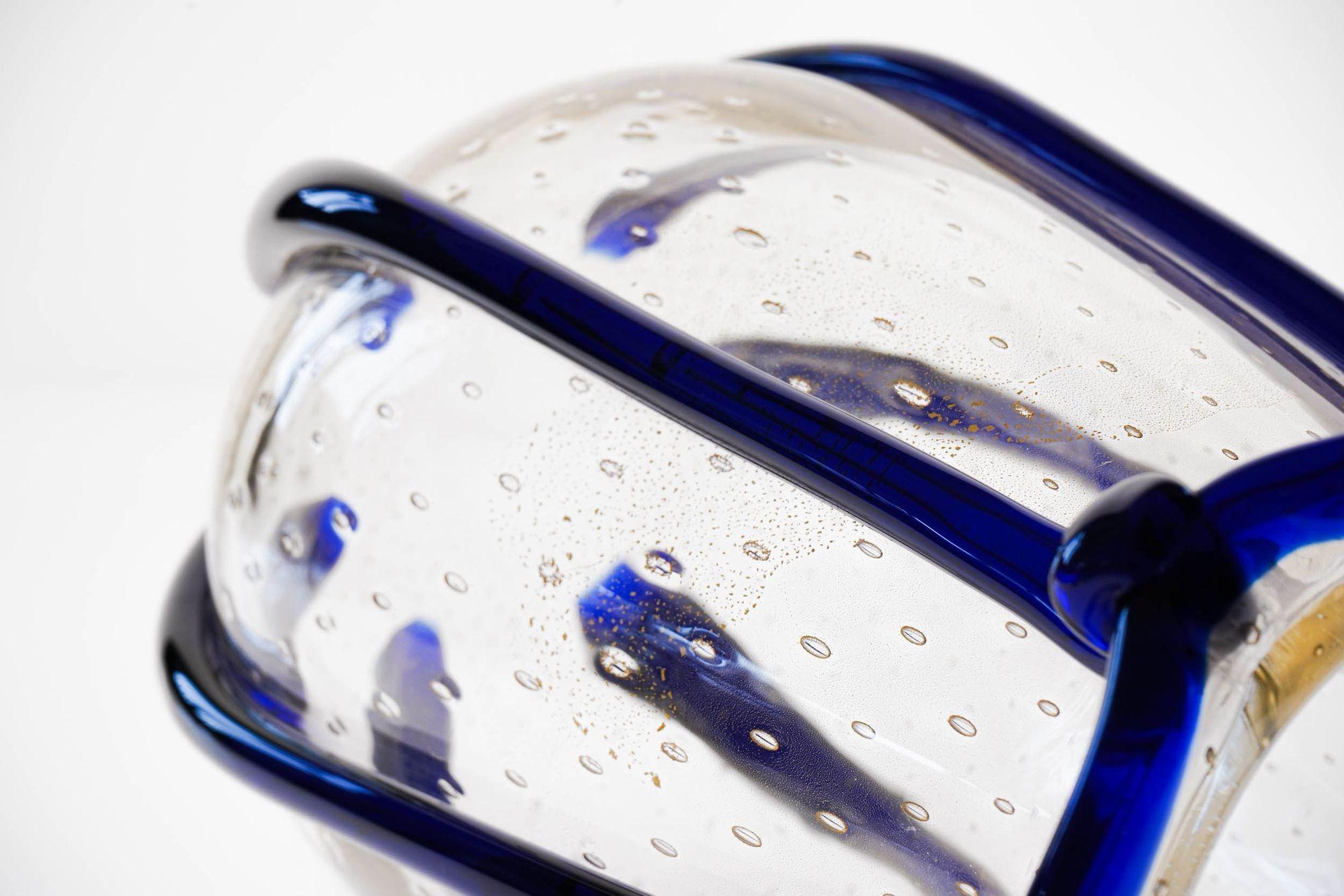 Mid-Century Modern Murano Large Vase with baloton bubbles in gold leaf and Cobalt Blue beads For Sale