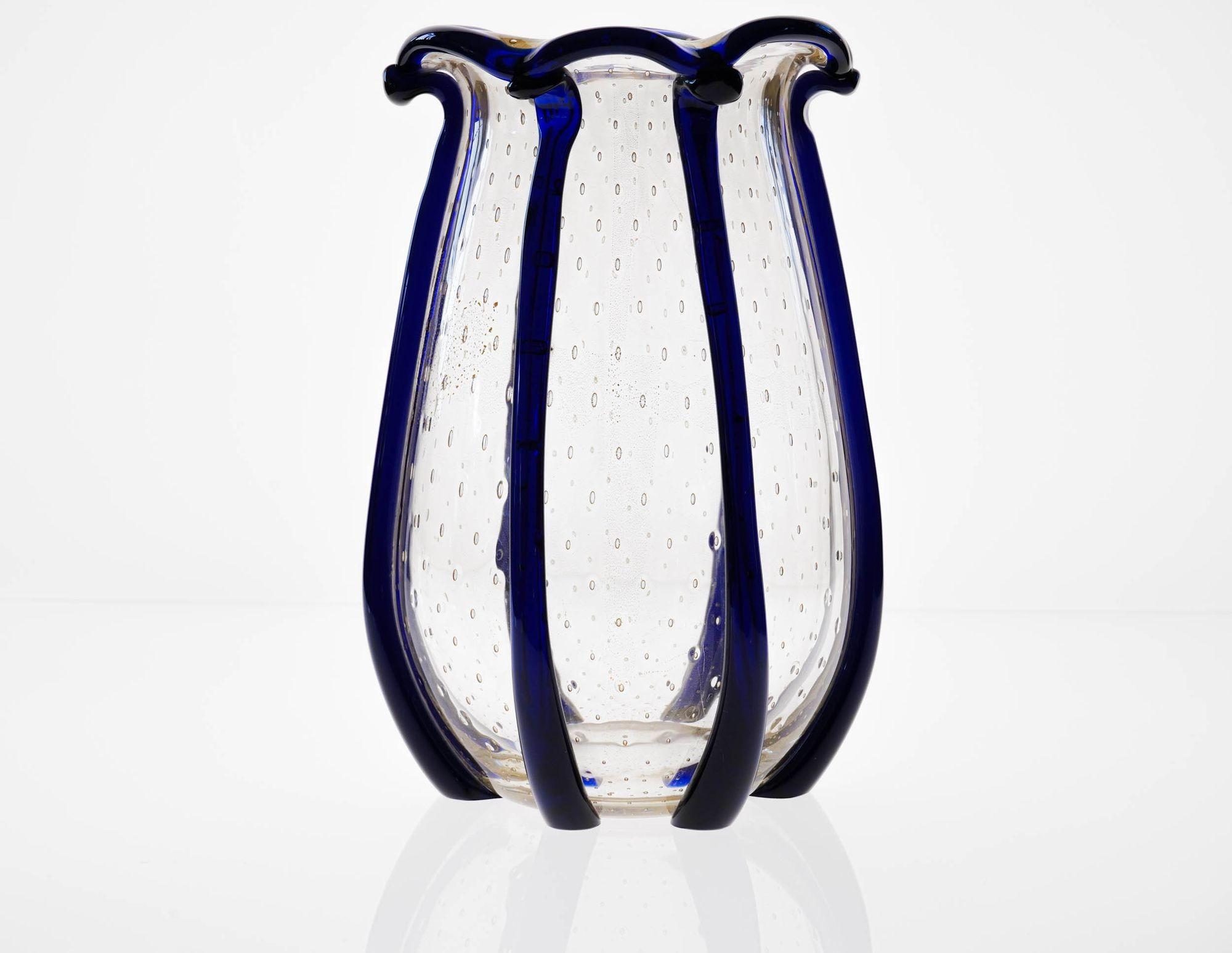 Glass Murano Large Vase with baloton bubbles in gold leaf and Cobalt Blue beads For Sale