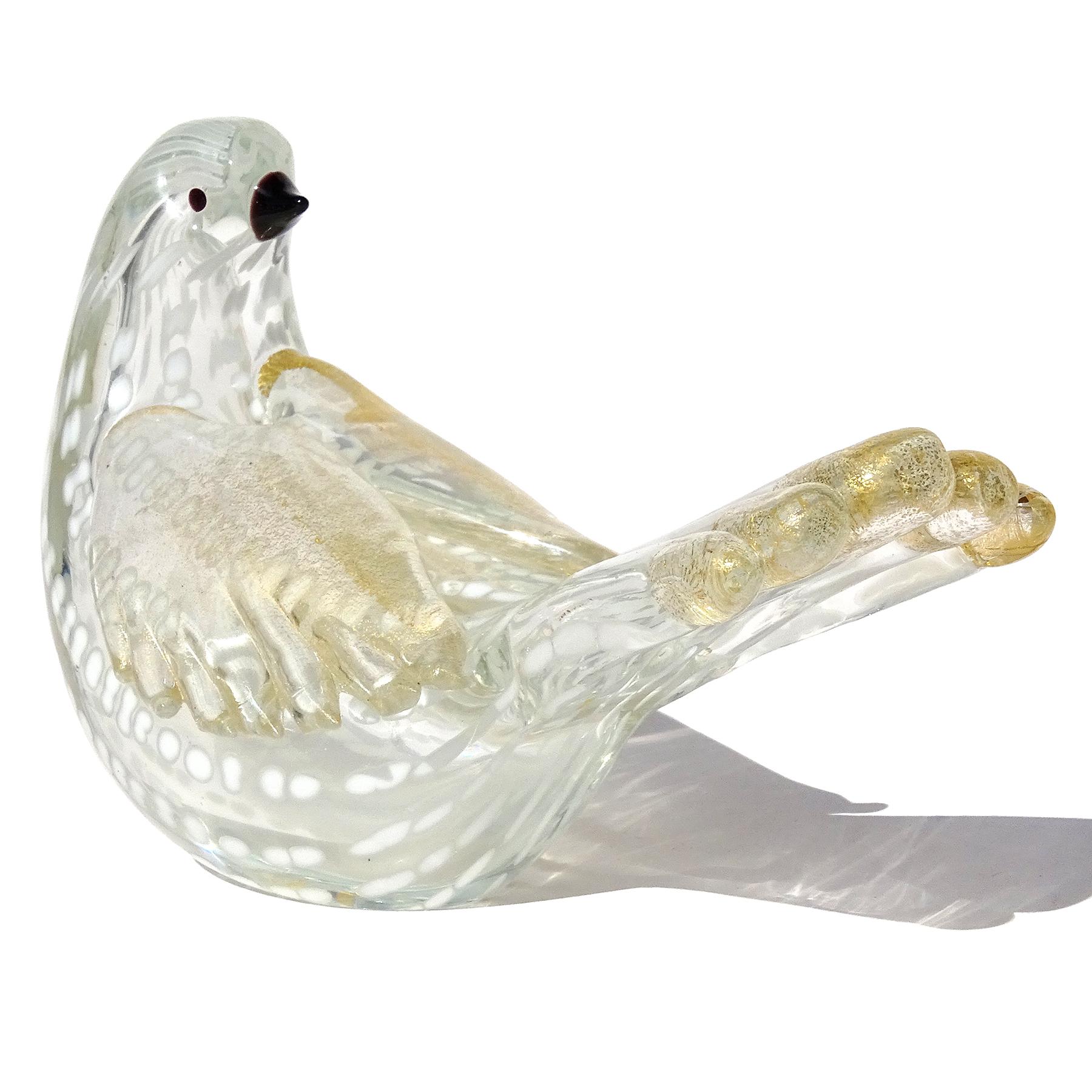 Hand-Crafted Murano Large Vintage White Spots Gold Fleck Italian Art Glass Dove Bird Figure For Sale