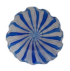 Murano Latticino & Blue Ribbon Footed Bowl - Unsigned - Italy - Mid 20th Century
